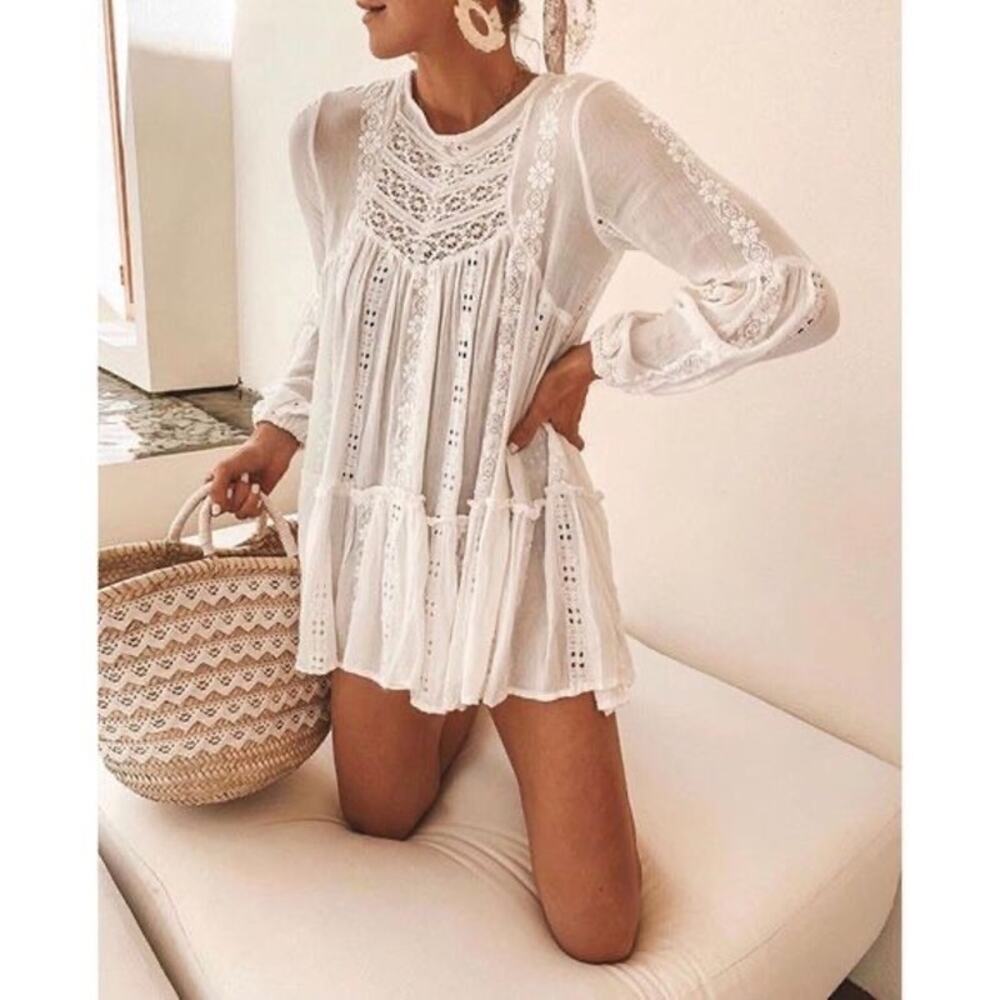 Free People Kiss Kiss Ivory Tunic Bohemian Lace Embroidered Small - Picture 11 of 13